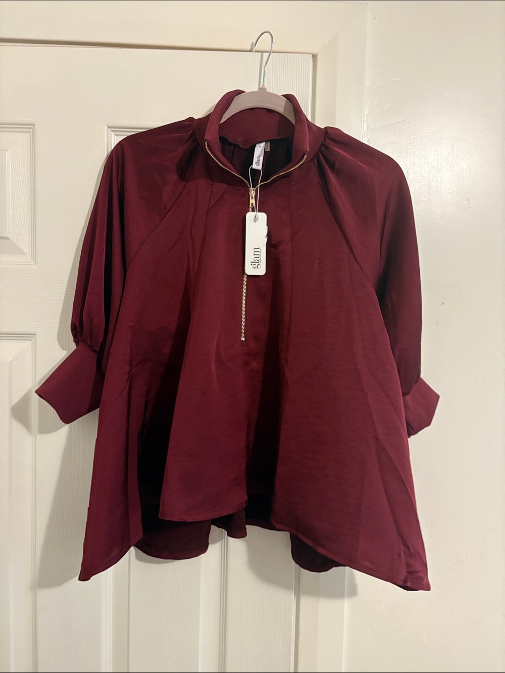 glam Wine Half-Zip Balloon Sleeve Tunic